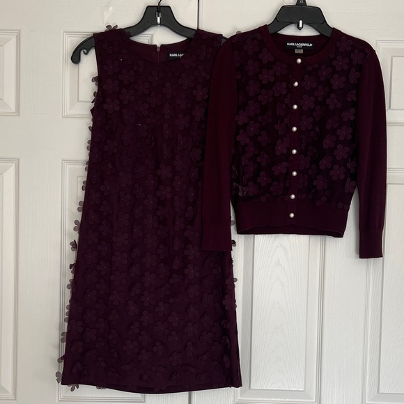 Karl Lagerfeld Paris Burgundy Floral Applique Dress And Coordinated Cardigan  Set
